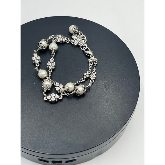 Brighton Atma White Pearls Rhinestone Silver Tone Double Strand Bracelet J34522 - Picture 5 of 7